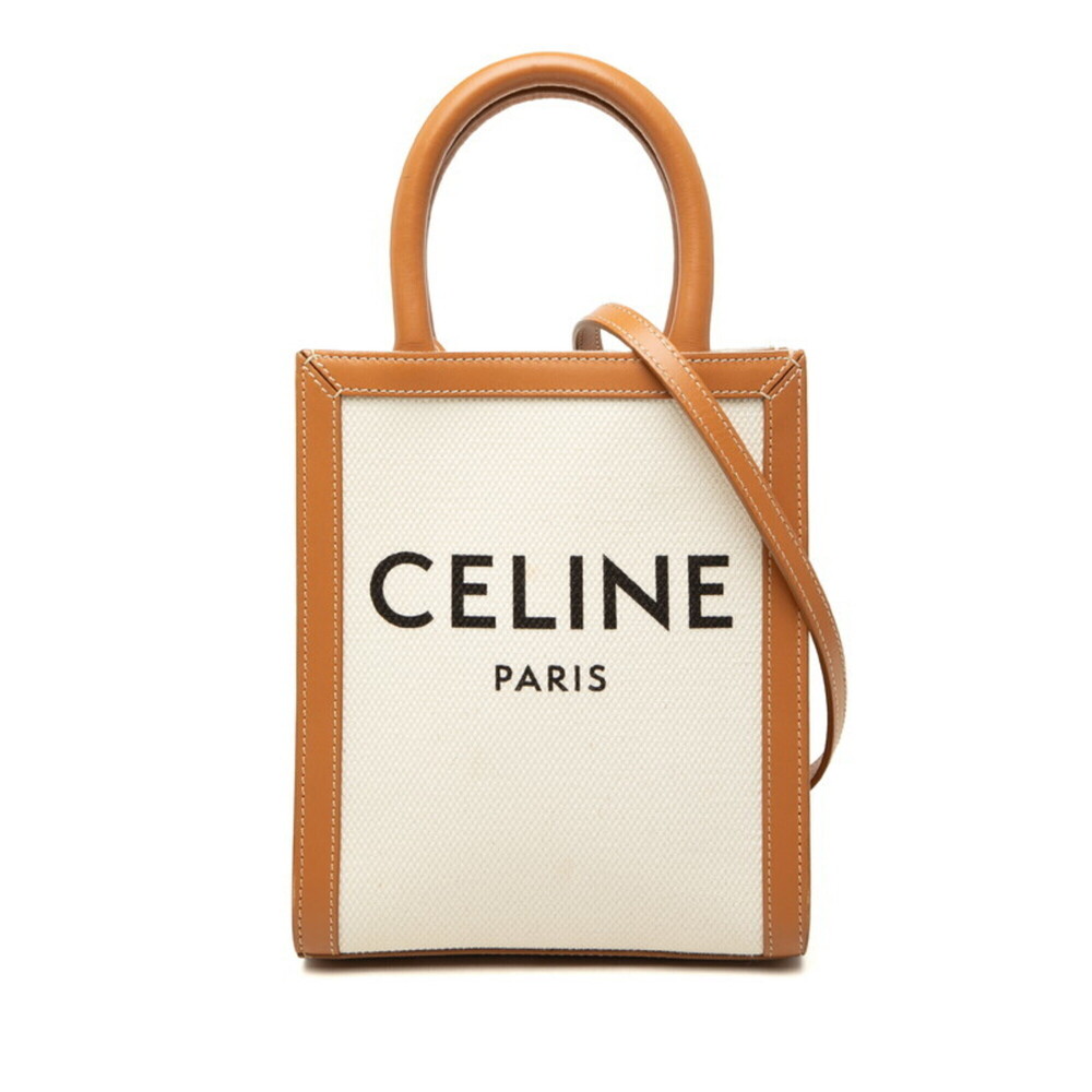 Celine Vertical Cabas Mini Handbag Shoulder Bag 2-Way White Brown Canvas Leat...